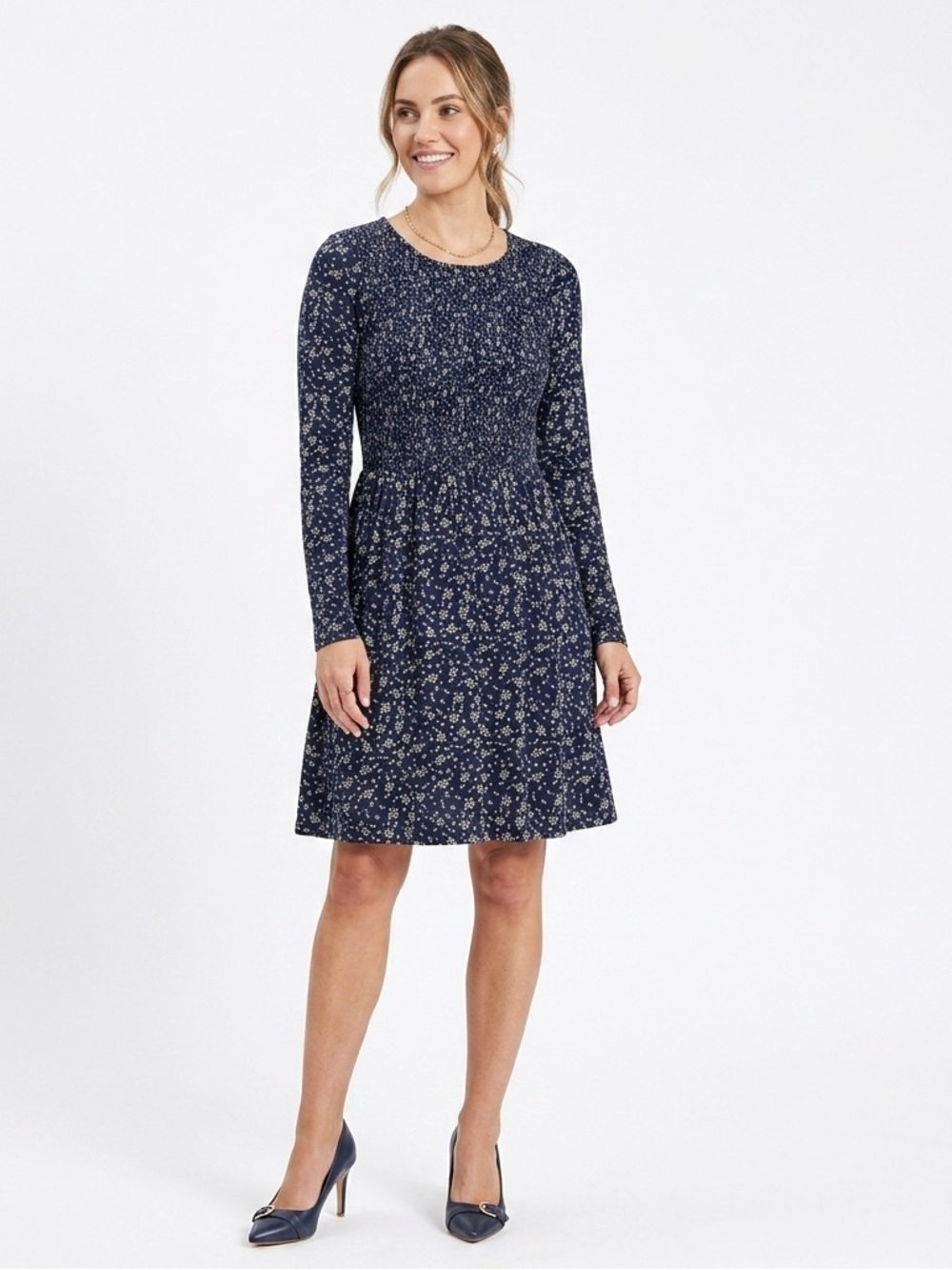 Justify Navy Floral Smocked-bodice Long Sleeve Dress - Navy with Cream Print